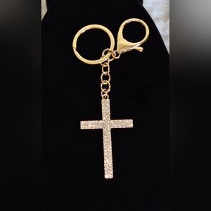 Sparkling Gold Cross With Clear Crystals Bag Charm Or  Key Chain NWT